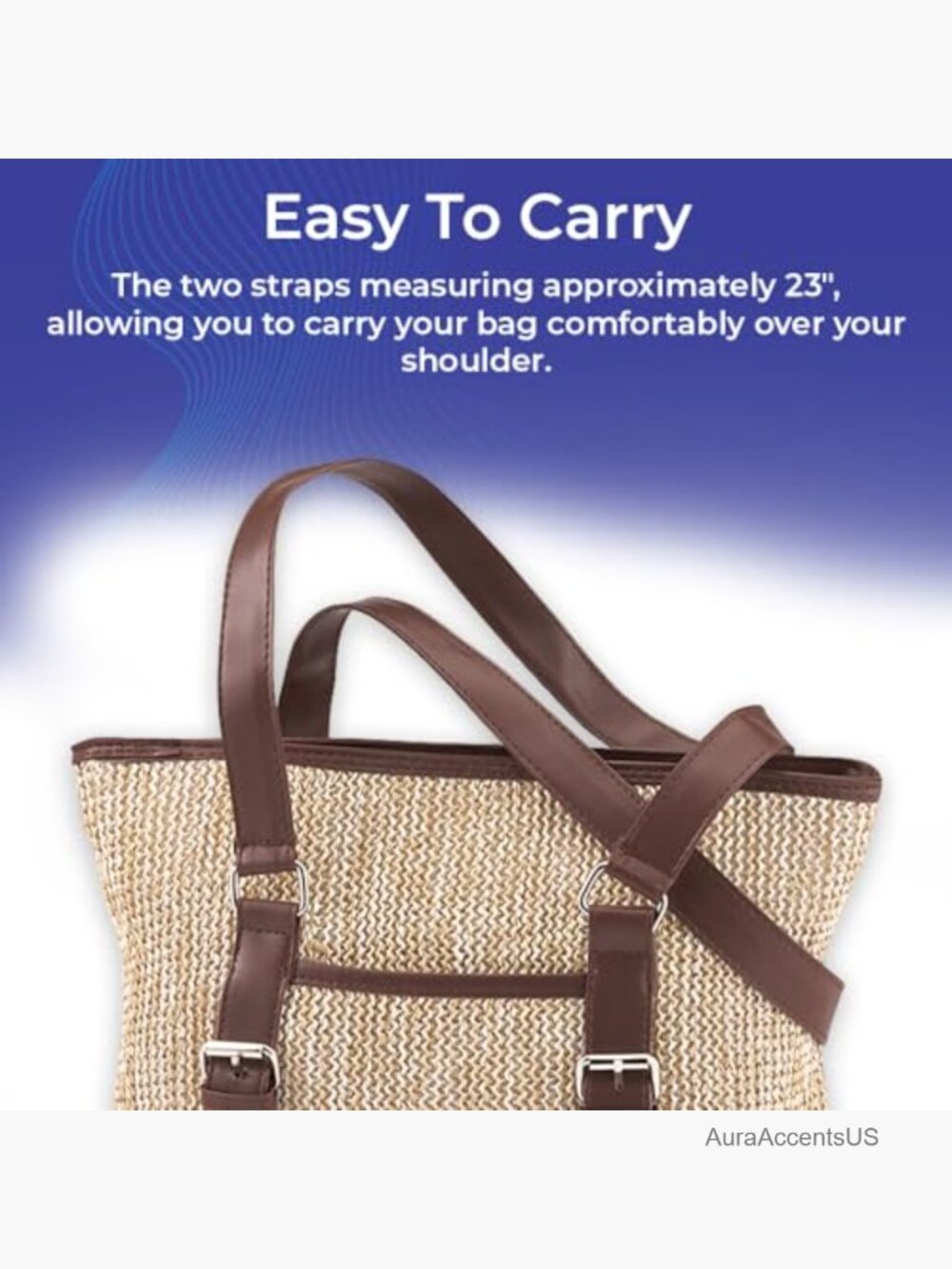 Straw Woven Shoulder Bag with Multiple Pockets Top Zip Closure - Picture 6 of 7